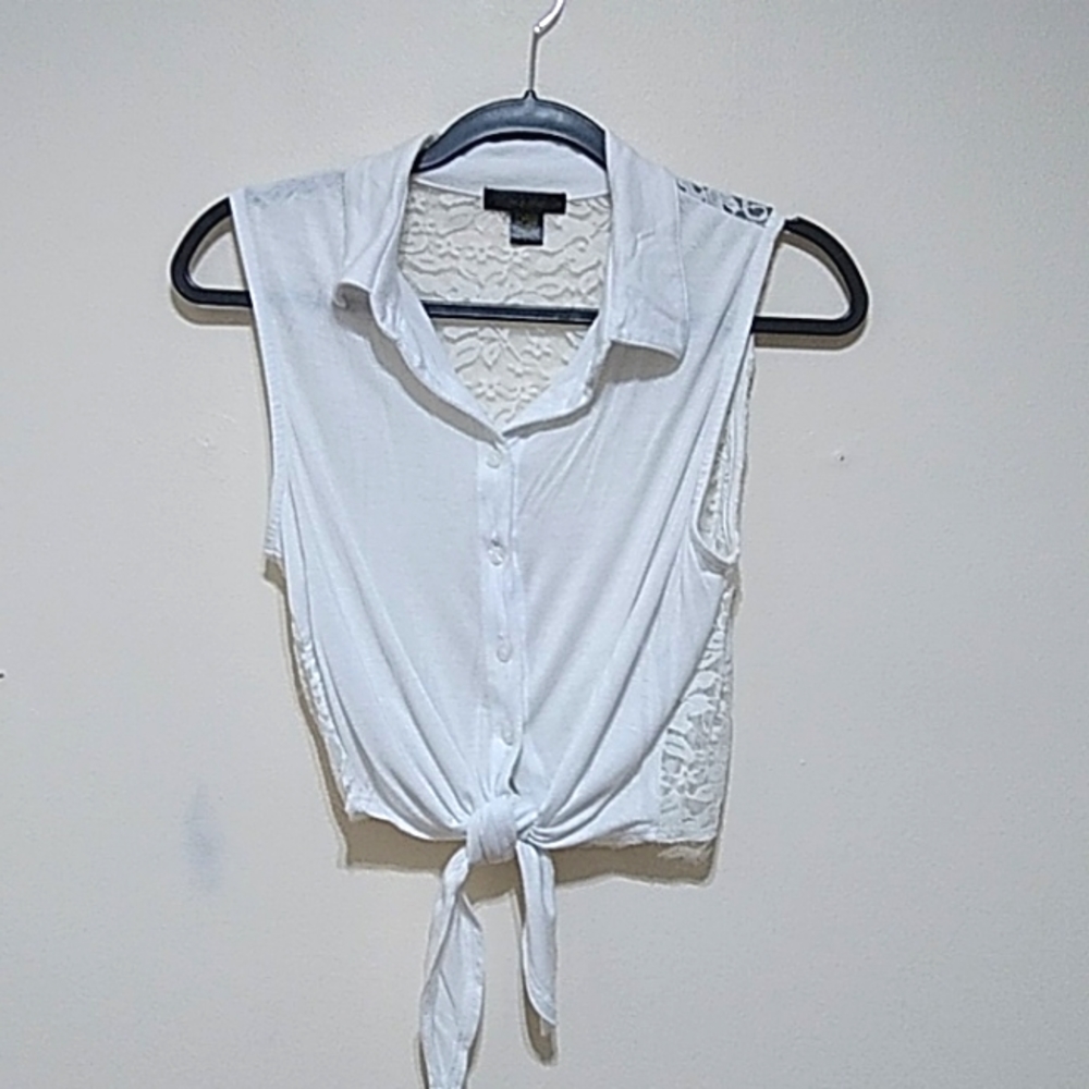Lime Blue White Tie Front Lace Back Top
